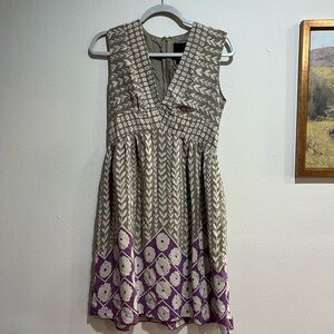 Anthropologie Tan and Purple Midi Dress 100% silk